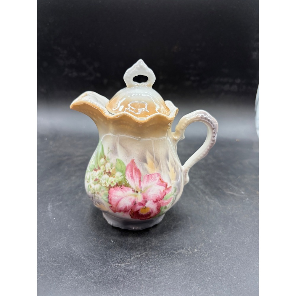 Antique RS Germany Porcelain Lidded Syrup Pitcher Floral Orchid Lily of Valley